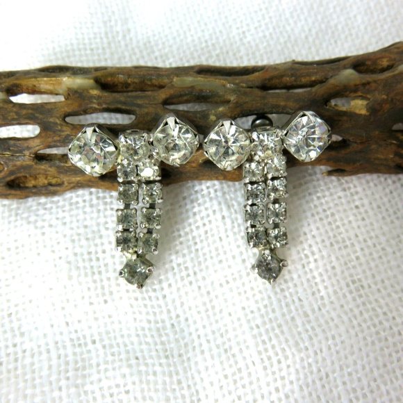 Vintage Screw Back Earrings Crystal Rhinestone Dangle Bowtie Ribbon Unmarked - Picture 12 of 12